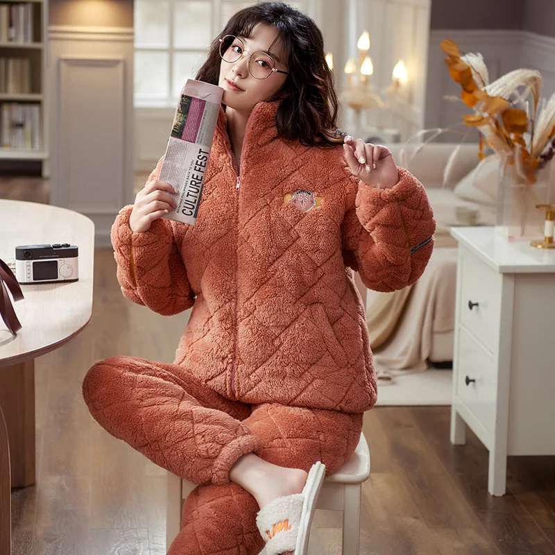 Big Size M-3XL Winter Women Pajamas Set 3 Layer Air Clip Cotton Pijama Female Thick Sleepwear