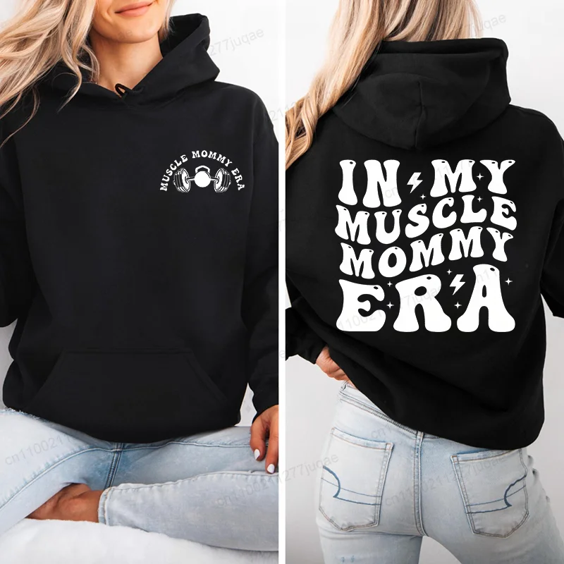 

Женские толстовки с капюшоном с принтом In My Muscle Mommy Era, теплые флисовые удобные толстовки для фитнеса, мягкая толстовка с капюшоном, уличный повседневный пуловер
