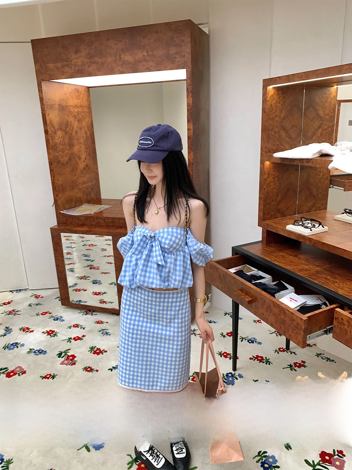 

Летний комплект Ouyang: топ и юбка в клетку, женский повседневный модный костюм из двух предметов, полиэстер