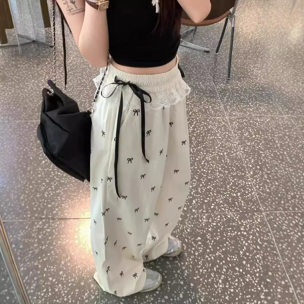 

Lace Slacks Bow Pants Women's Summer Loose Elastic Waist Wide-leg Pants Straight Leg Pants