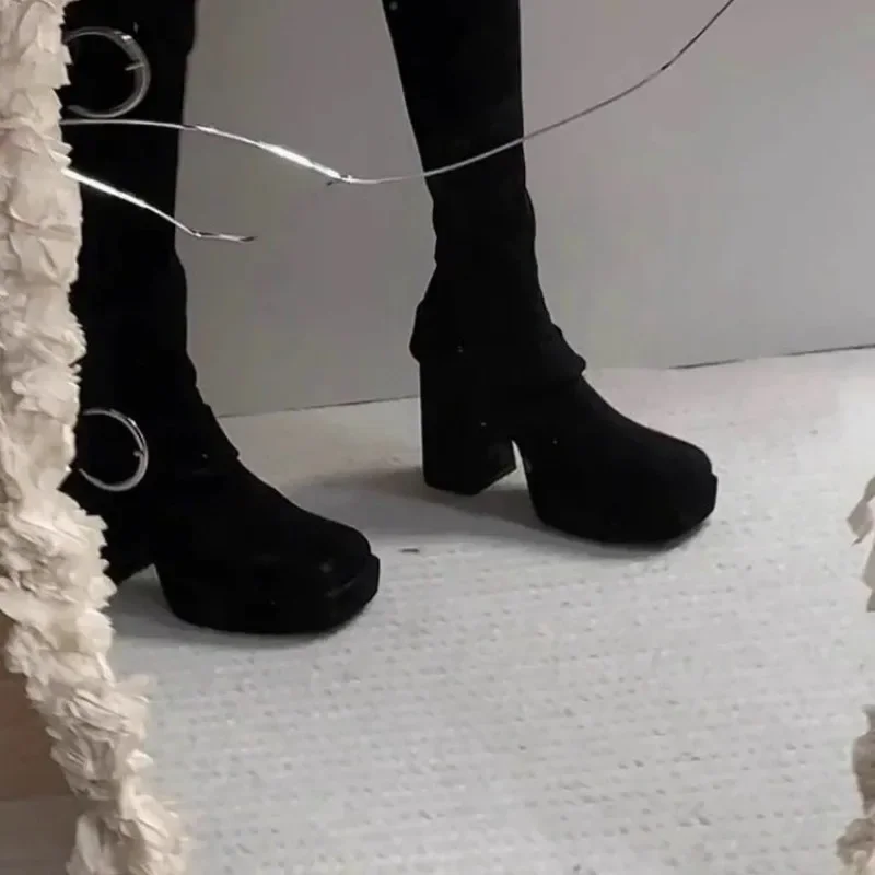 Autumn Winter Long-leg Boots  New Square Toe Cow Suede Side Zip Metal Buckle Platform Block Heel Shoes