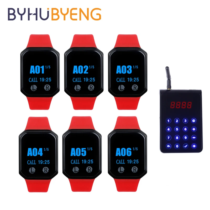 BYHUBYENG 1 Call 6 Pager Nursing Aid Waiter Call Watch Receiver Buzzer Multi-function Keybord Transmitter For Kitchen, Bar