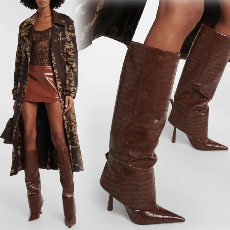 

Straight High-Tube Loose Trouser Boots Pointed-Toe Crocodile Pattern Knee-High Botines Stiletto Large-Sized Women Bota Femininas