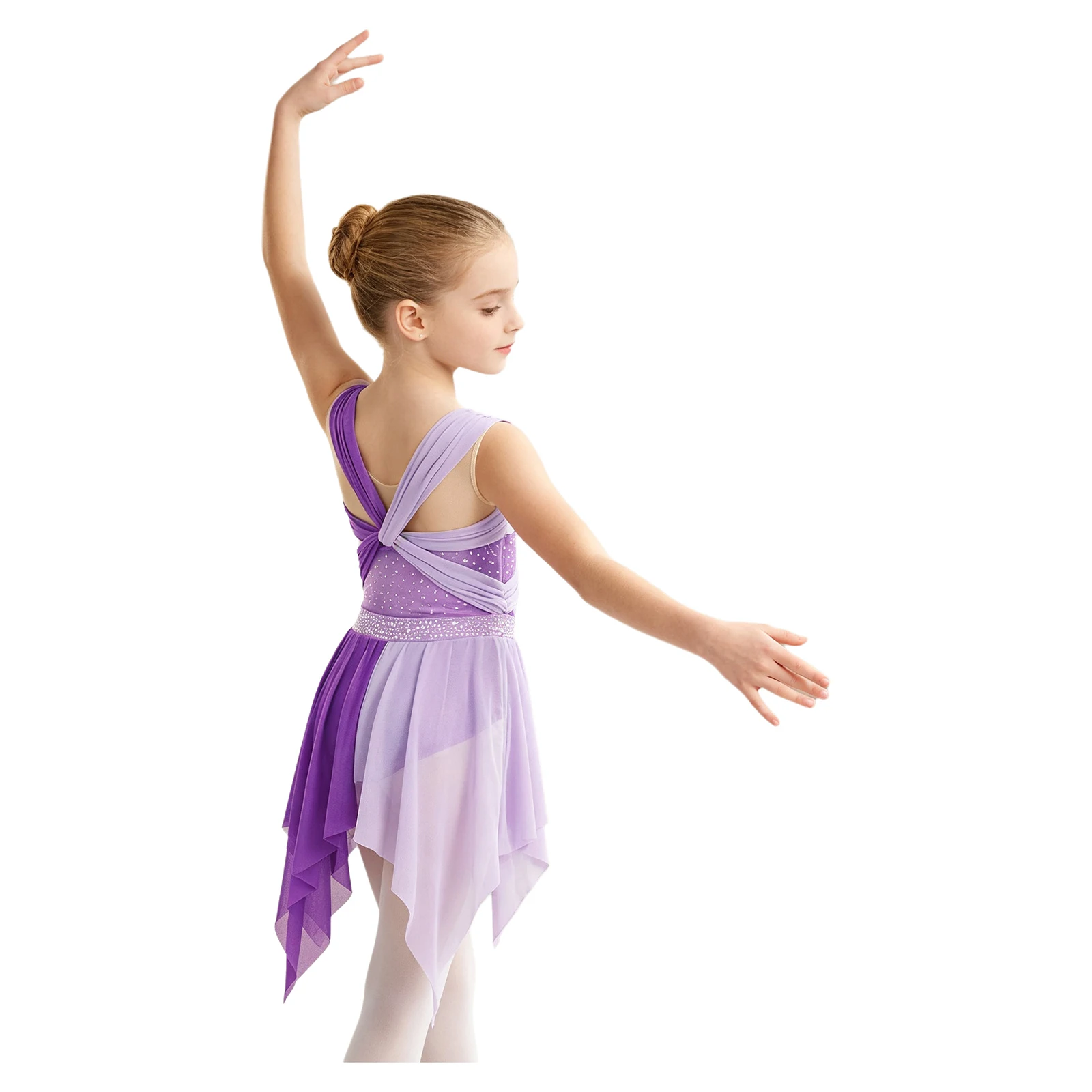 Girls Lyrical Dance Dress Ballet Skating Gymnastic Contemporary Dancewear Sleeveless Ruched Twisted Knot Mesh Rhinestone Leotard