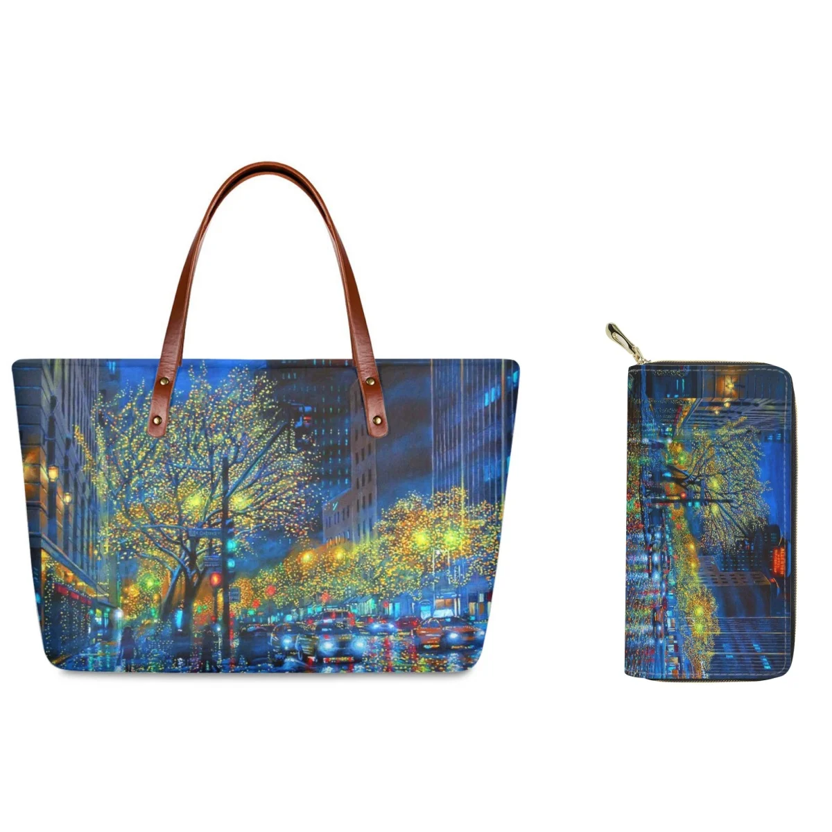 FORUDESIGNS Beautiful Oils Paint Handbag Female City Street Oil Painting Night Scene Two-piece Bags Purse Going Out Shopping