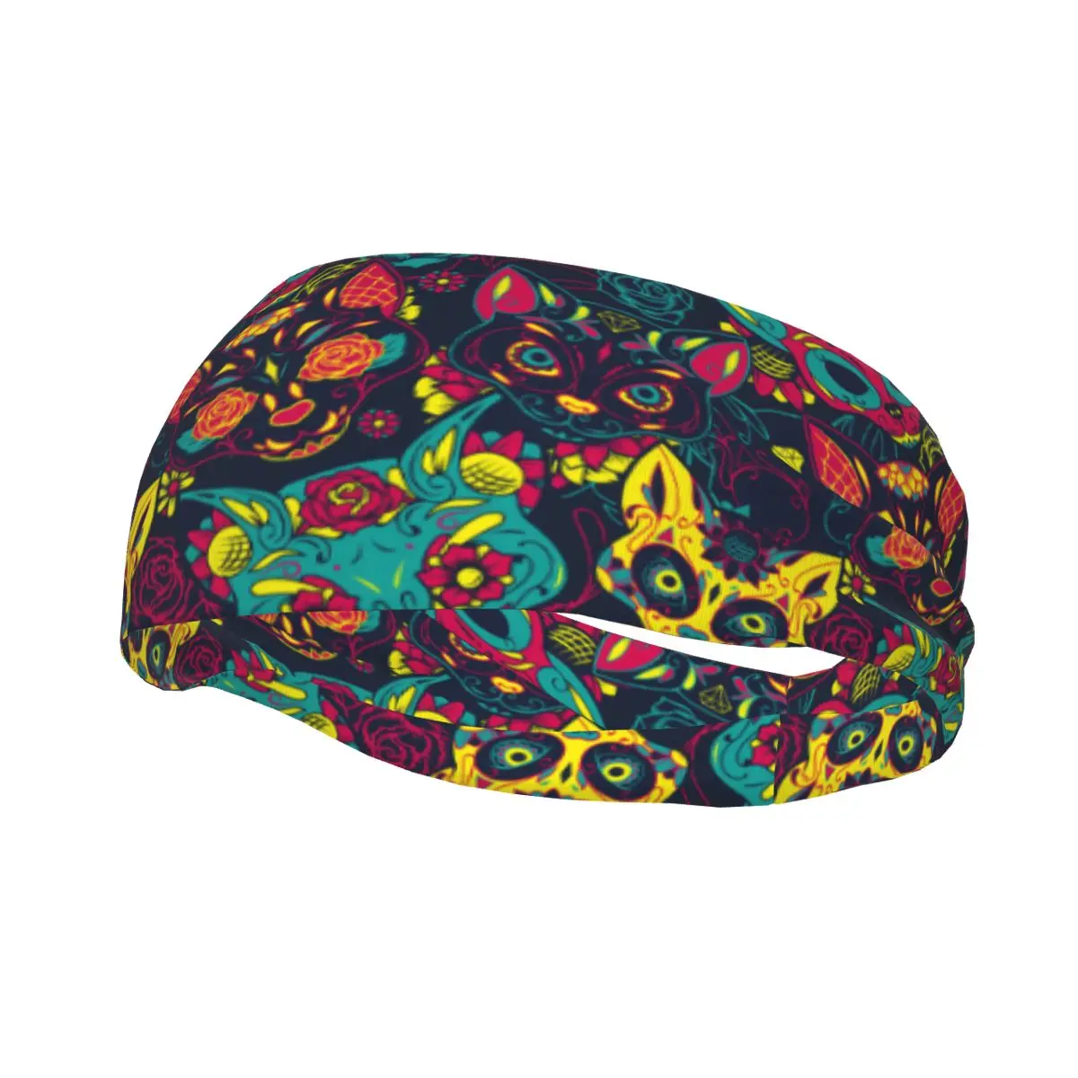 

Повязка на голову для занятий спортом, йогой, фитнесом, эластичная повязка на повязку для волос, эластичная повязка на голову, день мертвых, сахарный кошачий череп с цветочным принтом