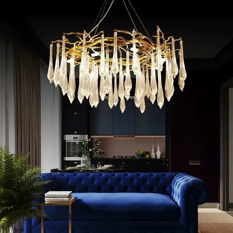 Modern Crystal Chandelier Lighting Ceiling Pendant Dining Room Foyer Chandeliers Drop Hanging Light Fixtures Branch Style Gold