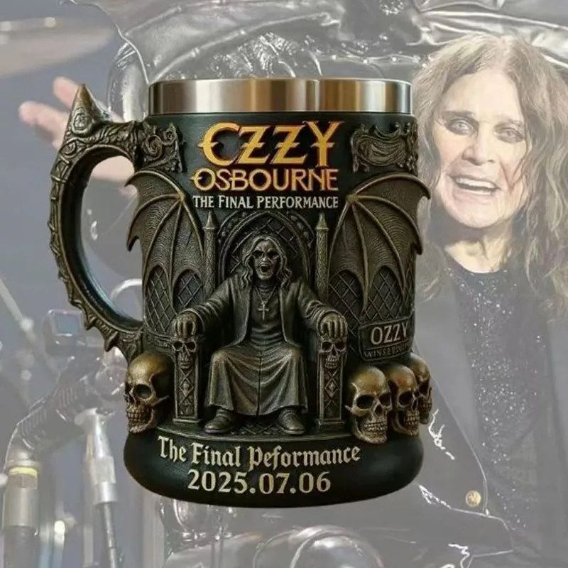 كوب Ozzy Osbourne The Final Performance ثلاثي الأبعاد من الفولاذ المقاوم للصدأ على شكل جمجمة كوب ماء للهالوين كوب علامة تذكارية هدية لمحبي الرجال #4