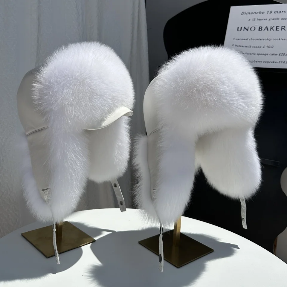 New 100% Genuine Fox Fur Ear-Protecting Hat Men Real Raccoon Fur Hat Women Winter Warm Fur Real Sheep Leather Snow Hat