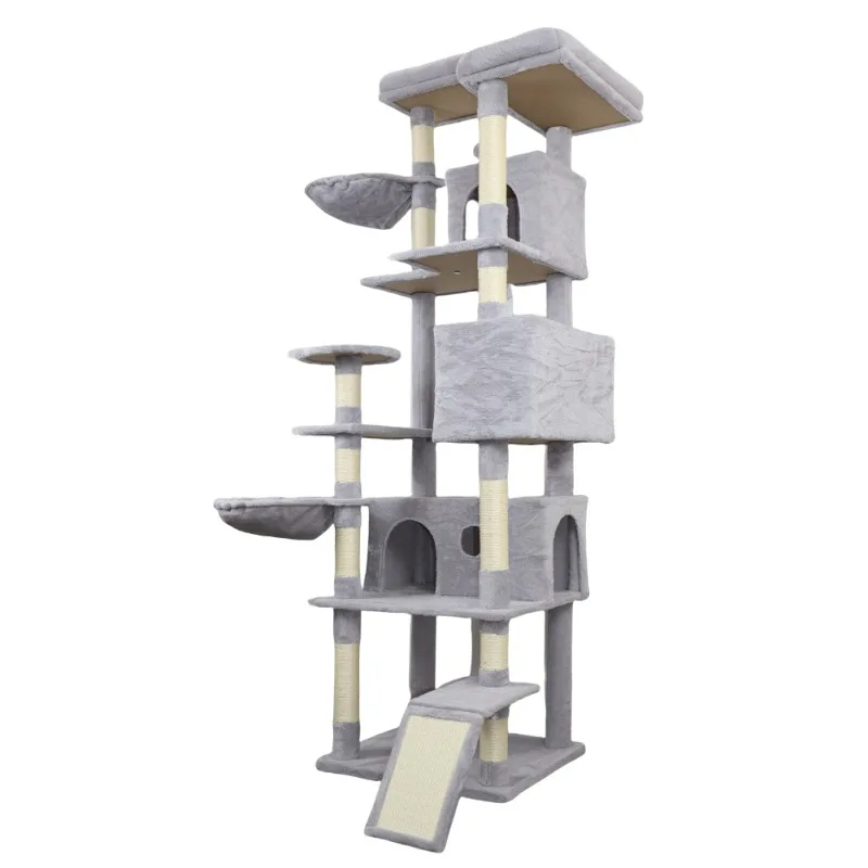 Light gray cat tree tower with multiple platforms and interactive toys multi-layered cat furniture for climbing and relaxing