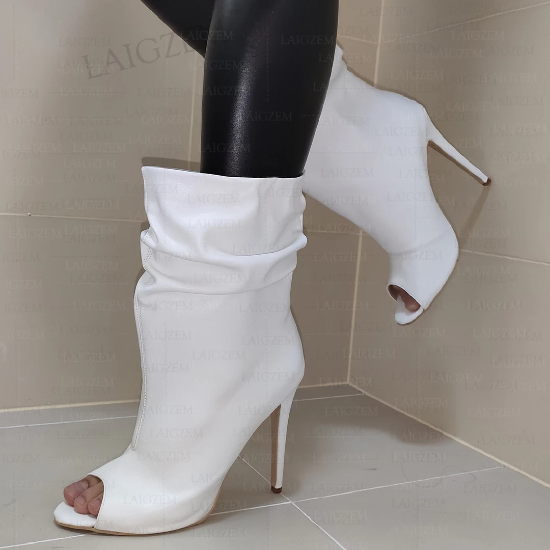 

LAIGZEM Женские сапоги до середины икры с открытым носком, плиссированные ботинки на высоком каблуке-шпильке из искусственной кожи, женская обувь, большой размер 41 43 47