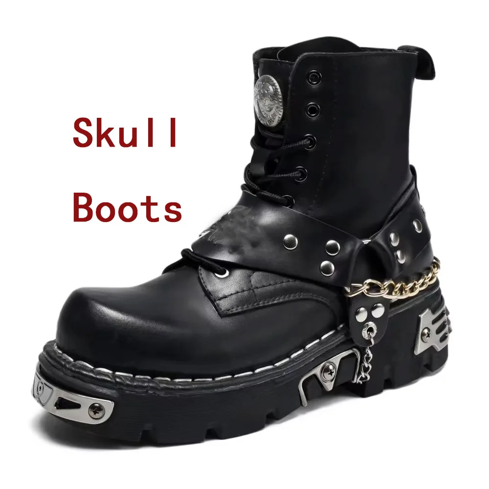 

Fashion Men's Genuine Leather Motorcycle Boots Gothic Skull Punk Boots New Unisex Mid-calf Metallic Platform Western Boots