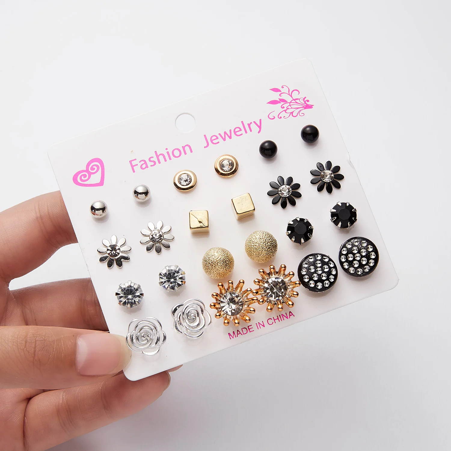 12 Pairs Mix Style Stud Earrings Set For Women Simple Rhinestone Flower Simulated Pearl Earrings Girls Party Jewelry Wholesale