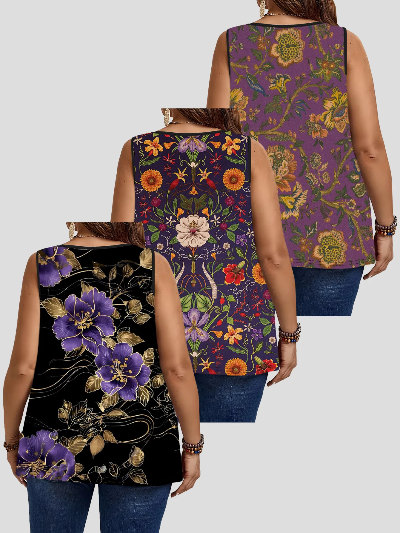 3-Piece Set of Plus-Size Women's Vintage Gold Thread Embroidered Floral Print Tank Tops, Round Neck Loose Sleeveless Tops