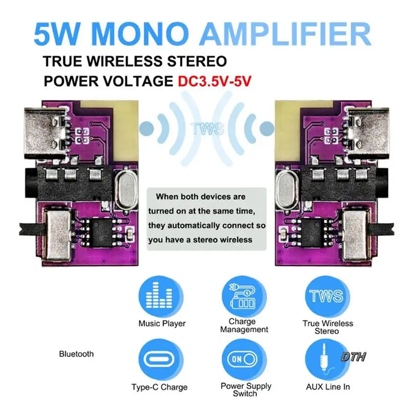 DC3.5V-5V 5W Mono Audio Amplifier Bluetooth Decoder Board Supports TWS Pair TYPE-C Interface Electronic Component Kit
