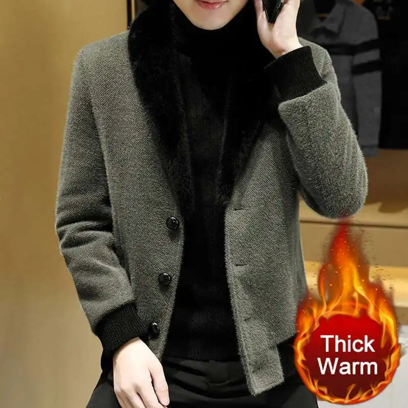 Winter Style Plush Thick Golden Mink Jacket Long Slim Woolen Coat Jacket Casual Social Overcoat Windbreaker Men Jackets Clothing