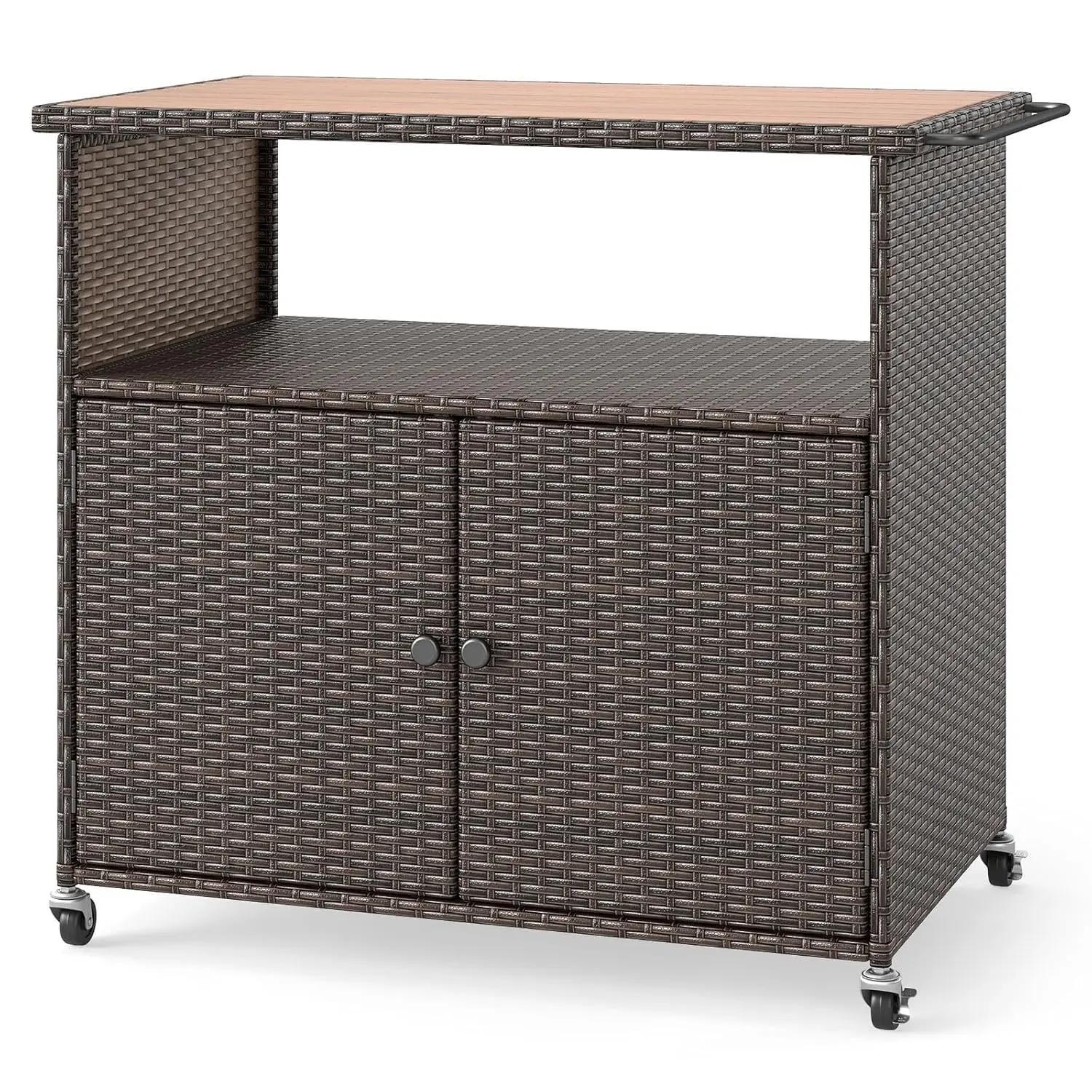 

PE Rattan Outdoor Storage Cabinet w/Acacia Wood Top,Open Shelf & 2-Door,Lockable Wheels,Bar/Kitchen/Garden,Customized