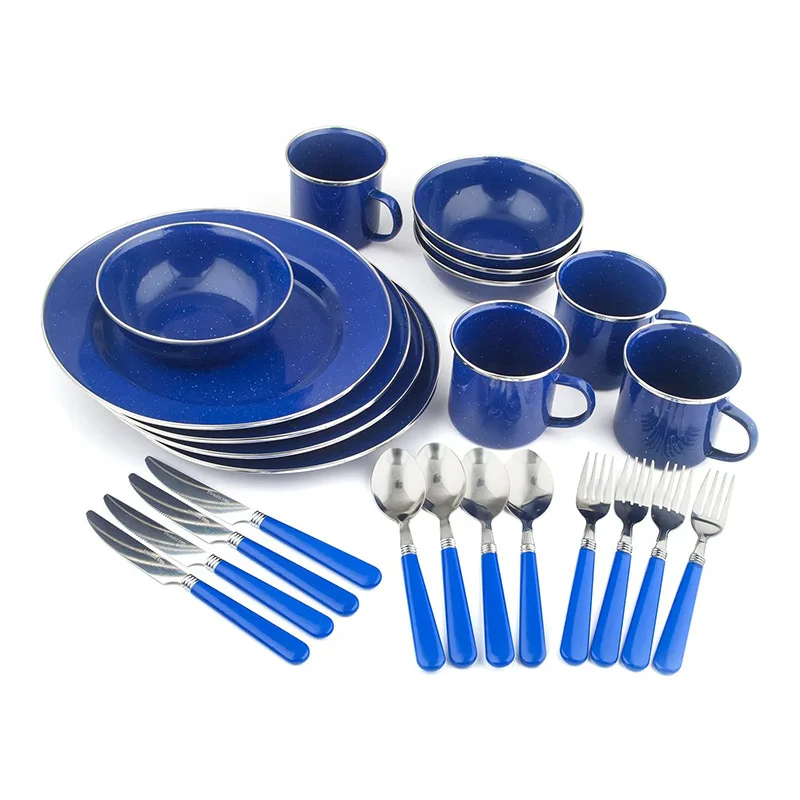 Enamel Camping Mug bowl and Plate Speckled Enamel Dinner set Deluxe 24-Piece Enamel Tableware Set Cutlery Flatware