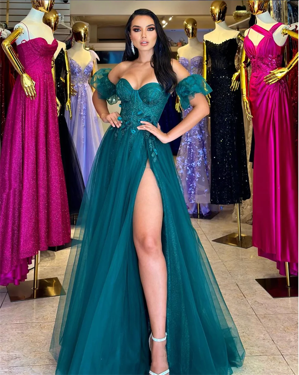 Jessica Green Glitter Tulle Prom Dresses 3D Floral Corset Prom Dress A-shaped Party Dressese 2024Vestidos De Noche CustomDress