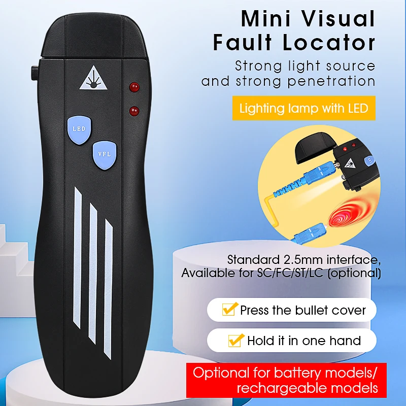 Mini Visual Fault Locator 1/10/20/30/50MW High Quality Dry Cell/Rechargeable(Optional) 2.5MM Interface Fiber Optic Cable Tester