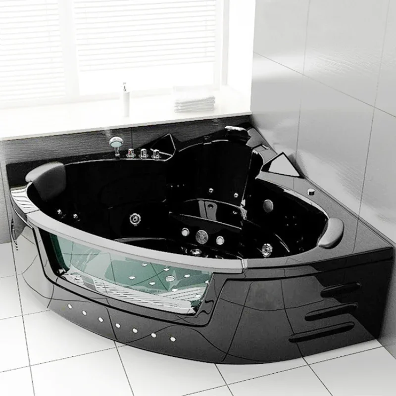 Lover Bath Factory Luxury Black Corner Whirlpool Massage Bathtub with Glass Bubble Ozone Indoor