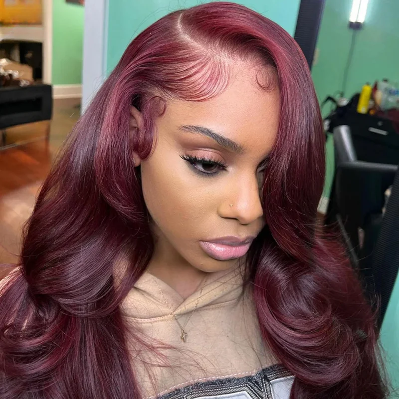 Long Human Hair Wig Dark Burgundy Body Wave 13x4 Lace Front Wig  with Baby Hair Remy Human Hair Wigs 180% Density