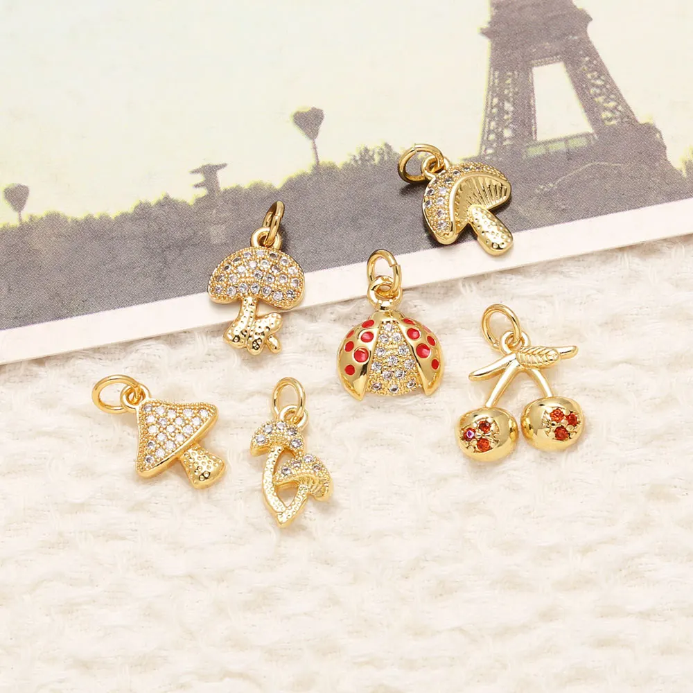 OCESRIO White Crystal Mushroom Charms for Bracelet Copper Gold Plated Cherry Ladybug DIY Jewelry Making Component chma390
