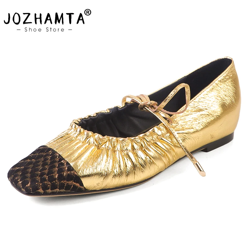 JOZHAMTA Size 34-40 Women Flats Shoes Real Leather Lace-Up Low Heels Shoes Spring 2025 Square Toe Woven Office Lady Daily Dress