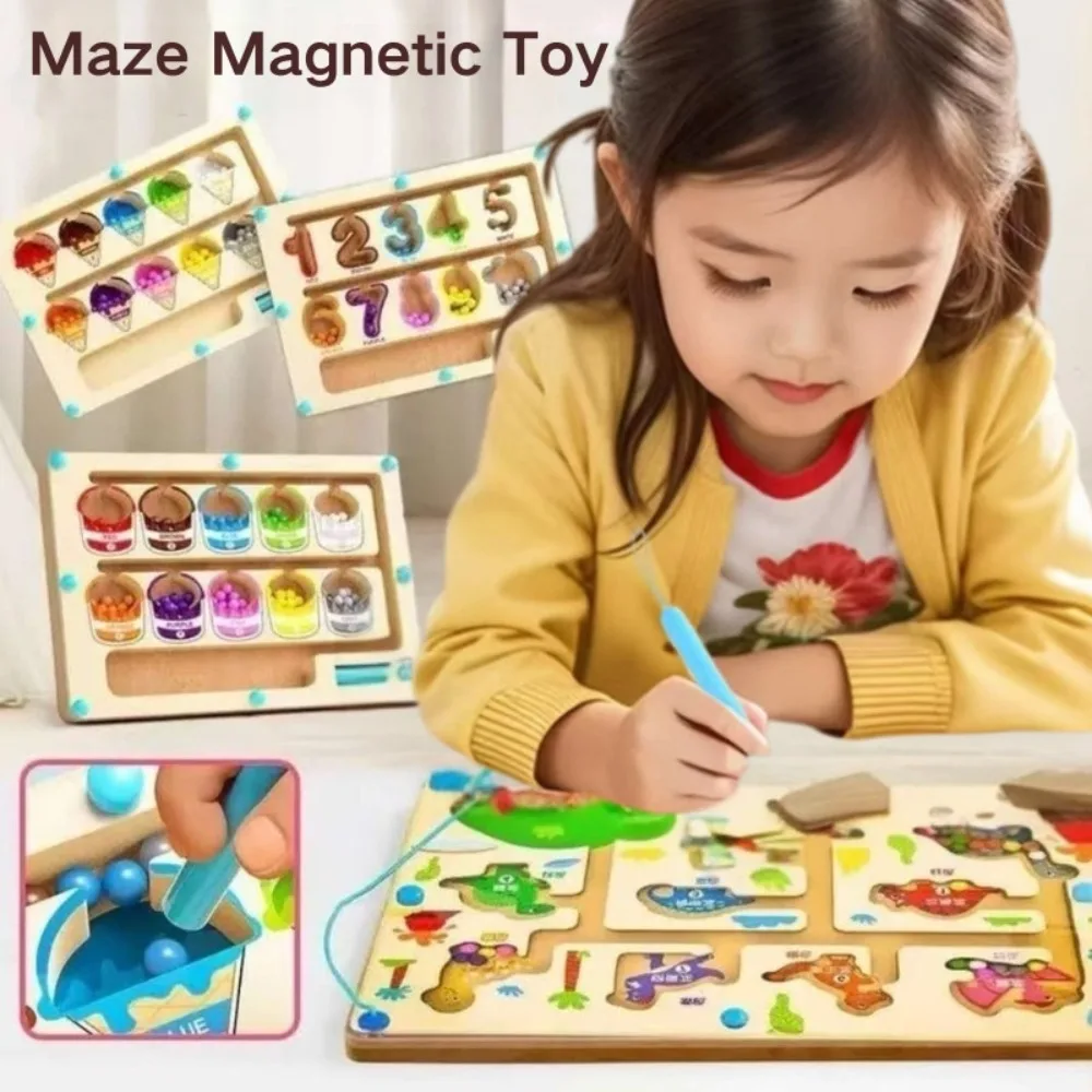 

Wooden Material Montessori Magnetic Games Fine Motor Skills Development Pen Moving Bead Maze Board Creative Toy