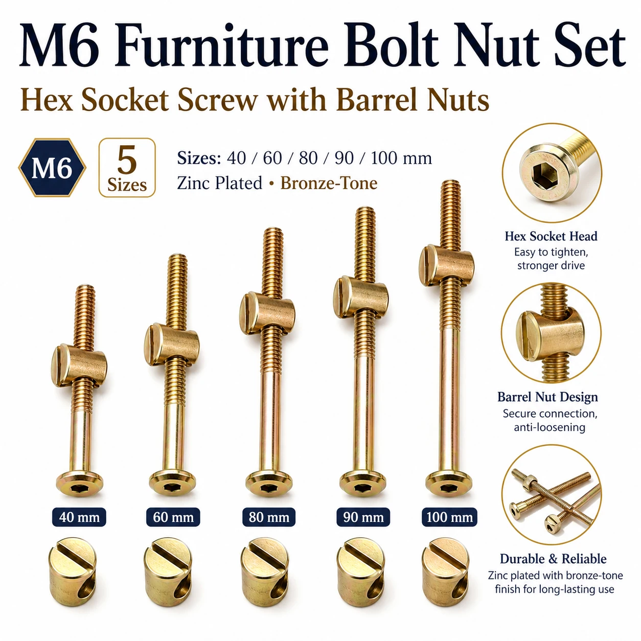 10/20Pcs M6 Hex Socket Head Cap Screws 40-100mm, Zinc Plated Carbon Steel Bolts with Slotted Dowel Nuts Fastener Set