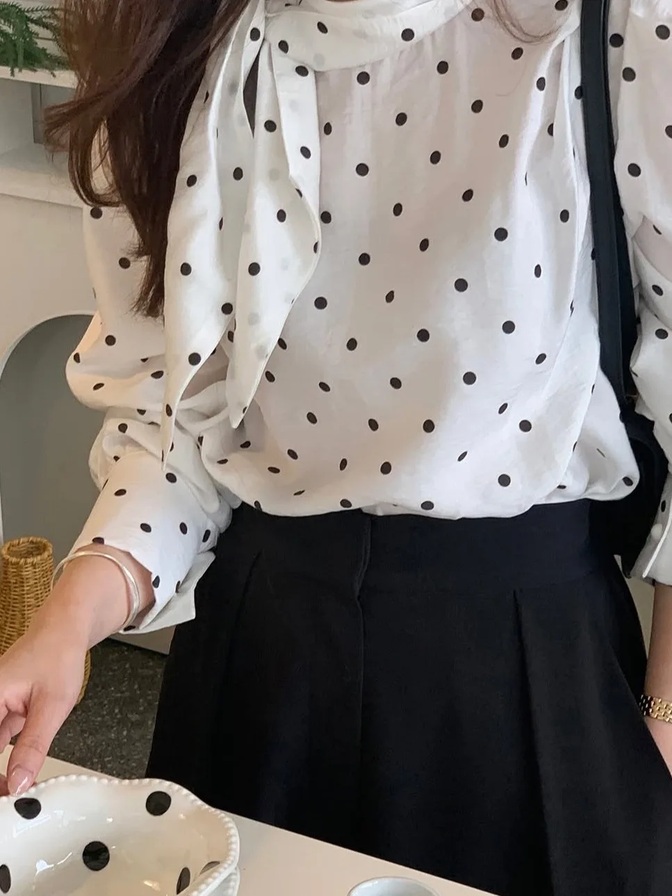 

Винтажный женский топ Ele в горошек ранней осенью, новый свободный топ с пузырьками, нежный корейский топ Ele irt, облегающий крой