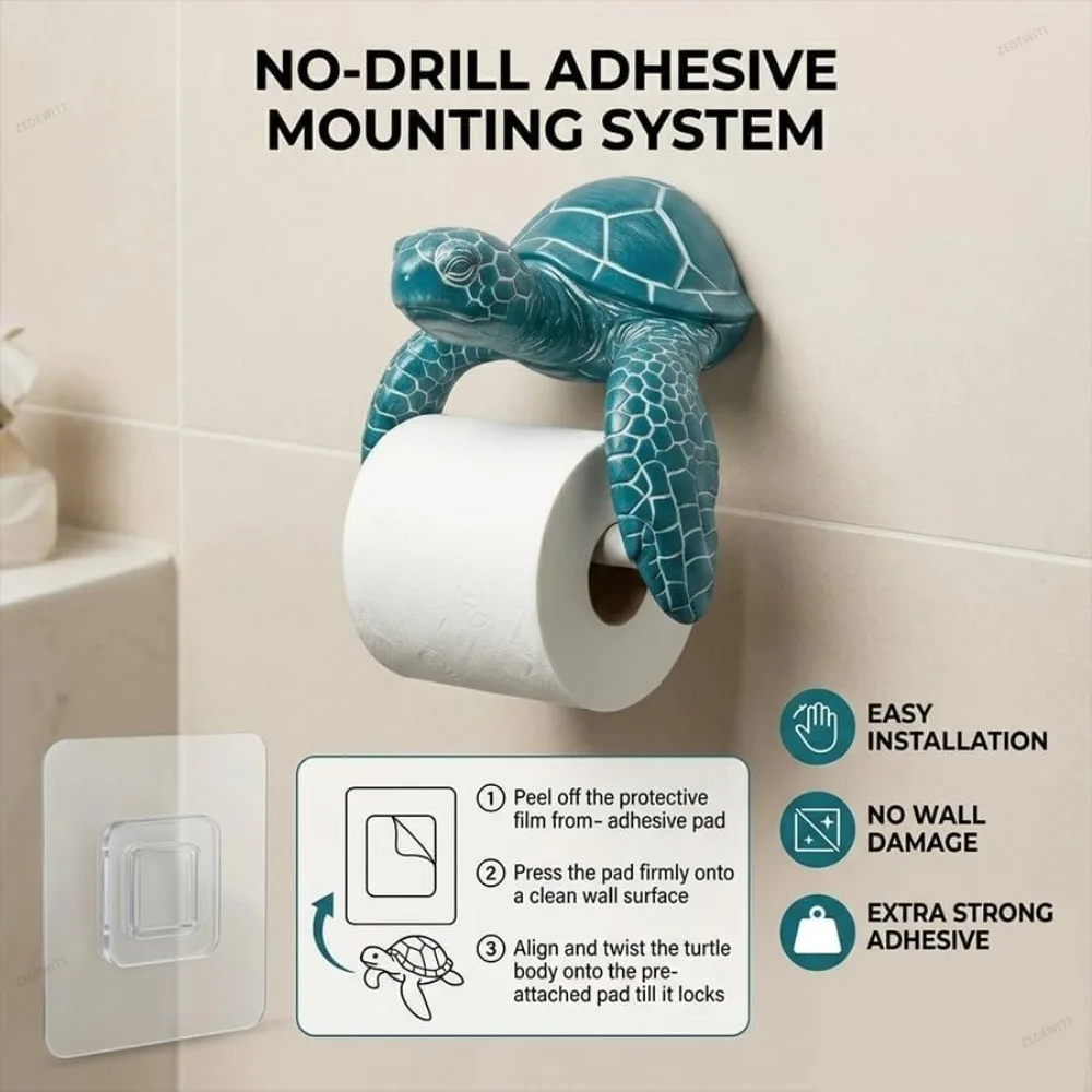 Coastal Themed 3D Printed Turtle Toilet Paper Holder No Drilling Wall Mounted Tissue Rack Easy Install Bathroom Decor Accessory view 3