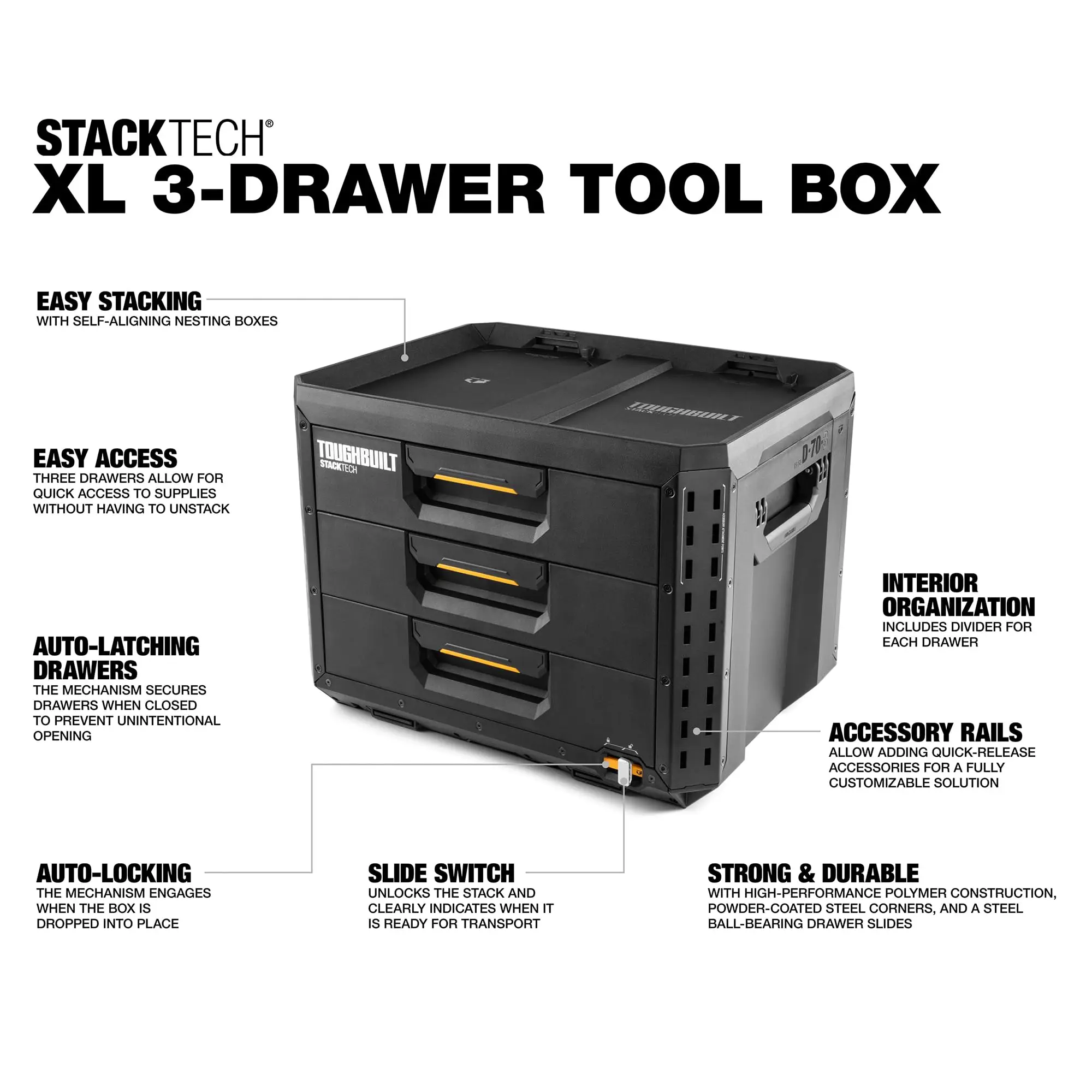 StackTech XL 3 Drawer Tool Box, Heavy-Duty Portable Tools Chest, 50 lb Capacity - Stackable Toolbox Storage Organizer