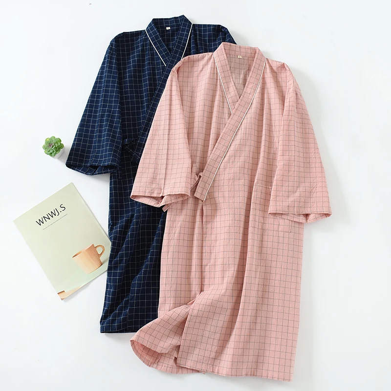 Japanese women's Kimono Nightgown Spring Autumn Thin Washed Pure Cotton Gauze lace-up Home Nightdress Sweat Steaming Bathrobe