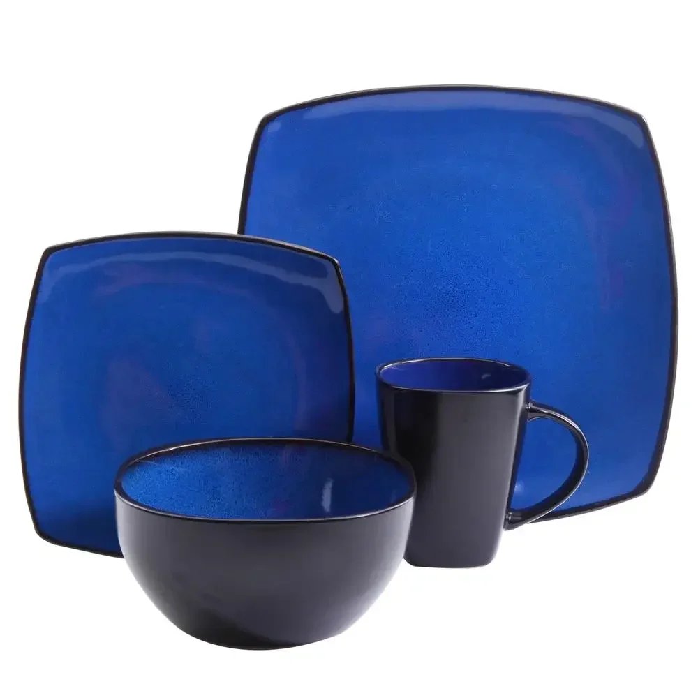 

16-Piece Blue Stoneware Dinnerware Set Square Plates Bowls Mugs Dishwasher Microwave Safe Soho Lounge Square Design Durable