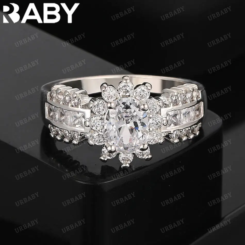 

URBABY 925 Sterling Silver Luxury Zirconia Flower Ring For Women Fashion Jewelry Charm Grace Noble Wedding Accessories