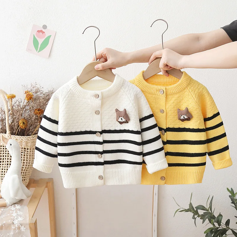 

Autumn Children Boy Sweater Coat Cartoon Bear Long Sleeve Striped Infant Baby Boy Cardigan Knitwear Little Boys Open Stitch Coat