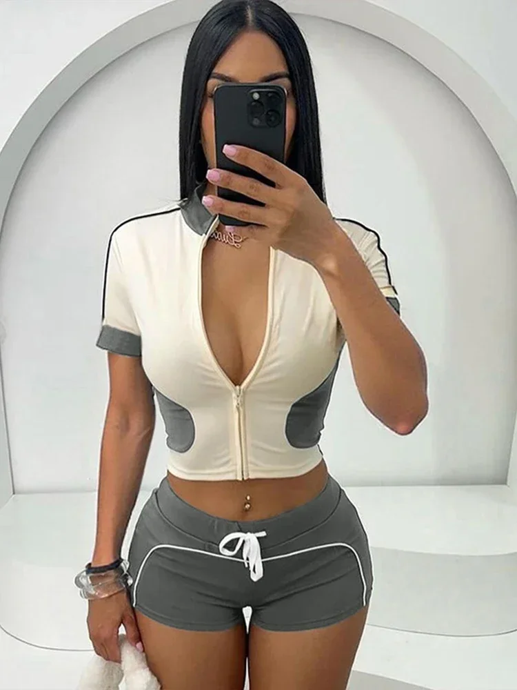 

CPSYMYM Summer 2Piece Set Tracksuit Women Zip Patchwork Shorts Sleeve Crop Tops+Shorts Matching Sporty Skinny Stretch Outfits