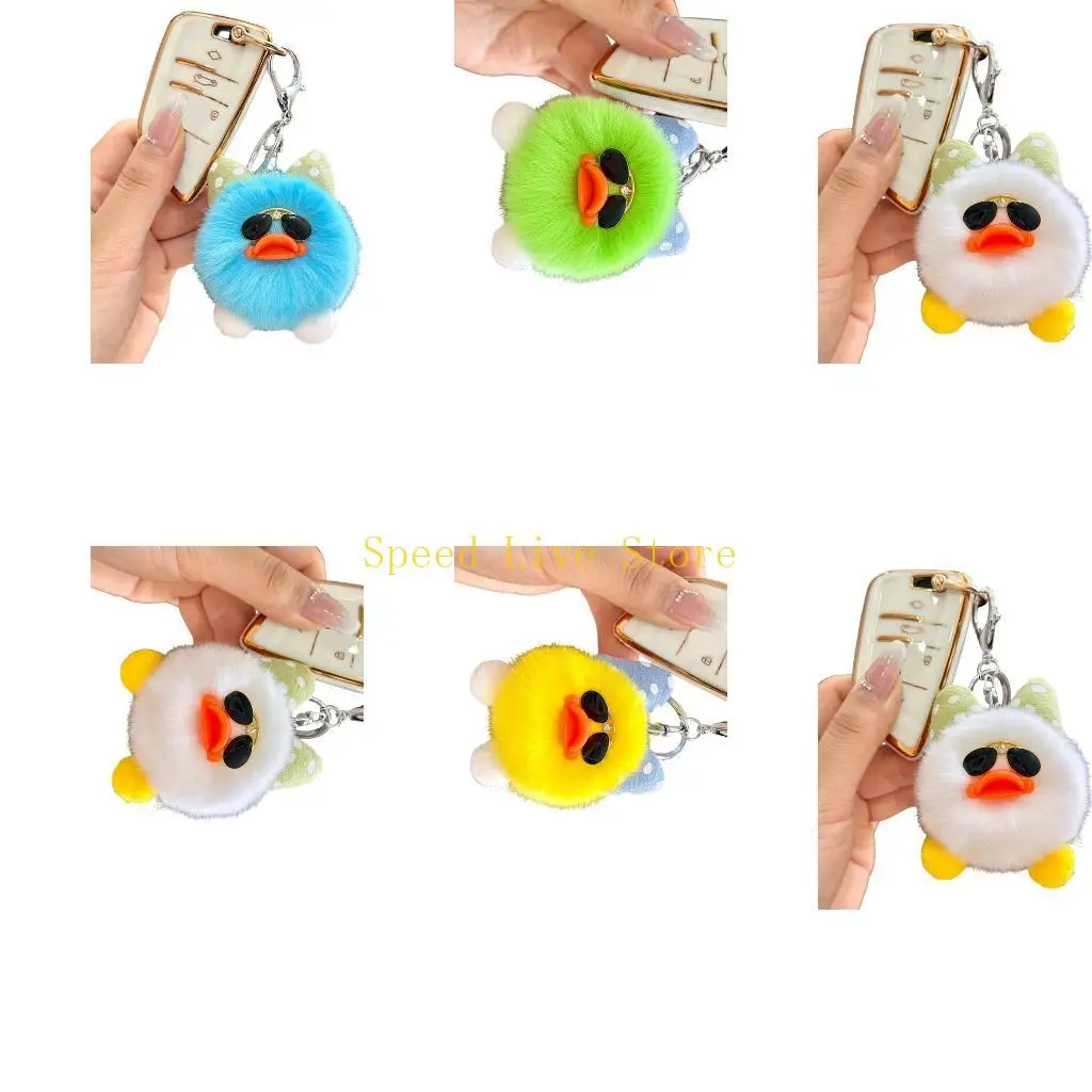 547C Duck Keychain For Car With Black Sunglasses And Dot Bowknot Soft Plush Accessory