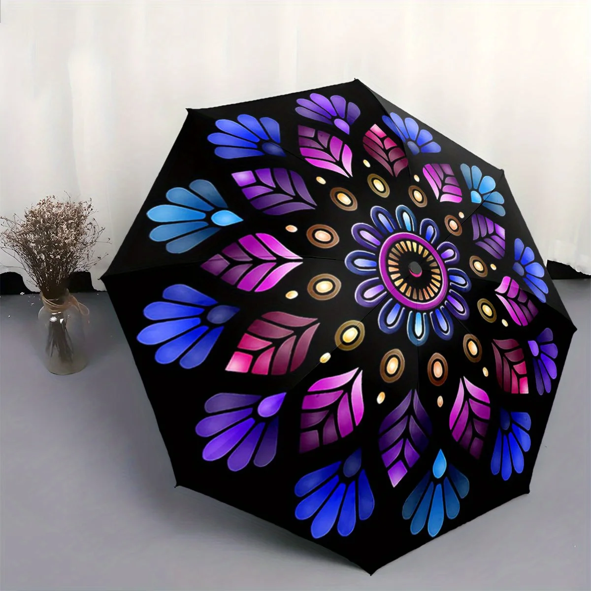 

Automatic Open/Close Umbrella with Mandala Pattern - Auto Folding Compact Travel Umbrella, Windproof 8-Rib Shaft, One-Touch Bu