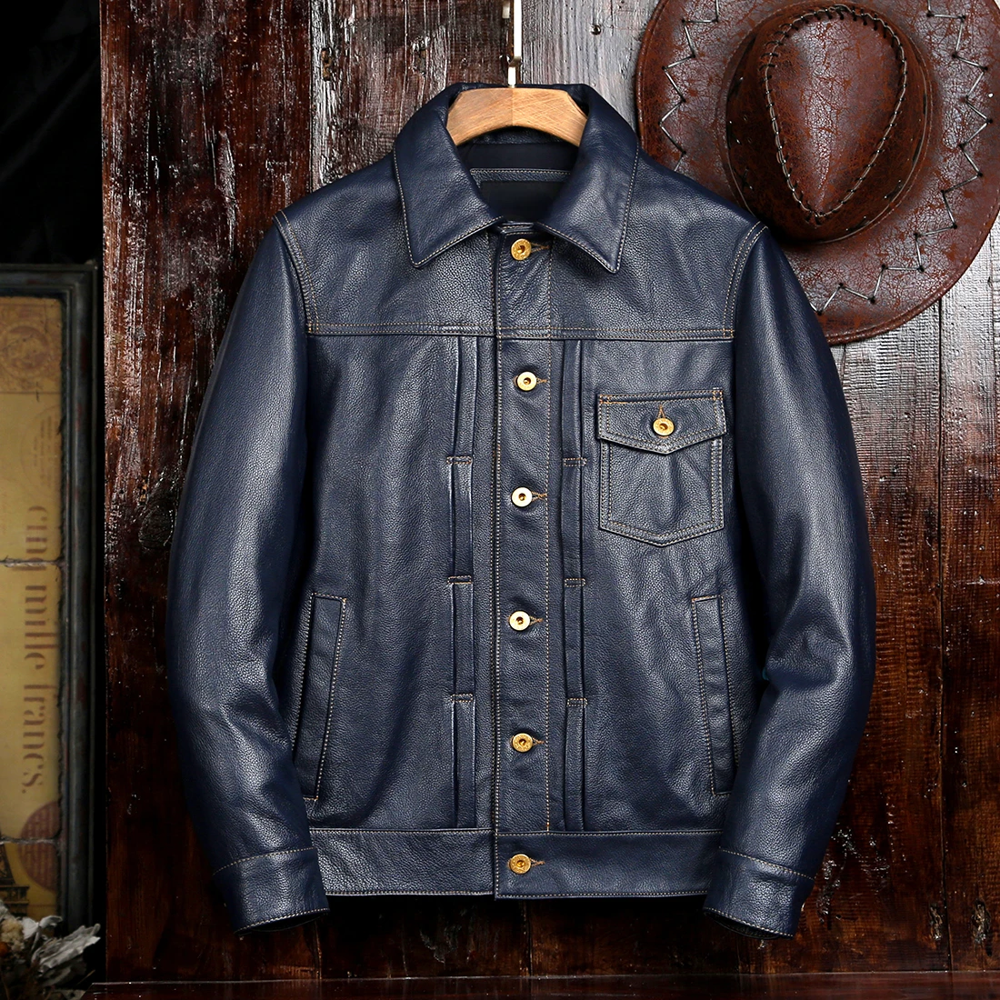 

Classical 506 Style Men's Cowboy Natural Cowhide Jacket Slim Quality Genuine Leather Coat Man Short Single Breasted Clothes