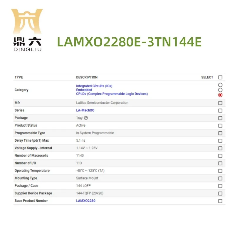 LAMXO2280E-3TN144E	 IC CPLD 1140MC 5.1NS 144TQFP Complex Programmable Logic Devices   LAMXO2280E-3TN144E BOM service