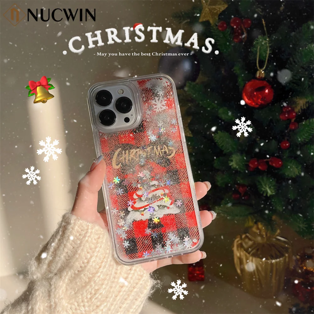 Cartoon Christmas Tree Snow Flower Quicksand Case for iPhone 16 15 14 13 12 Pro Max 16 Plus 11 Soft Shockpoof Cover For iPhone16