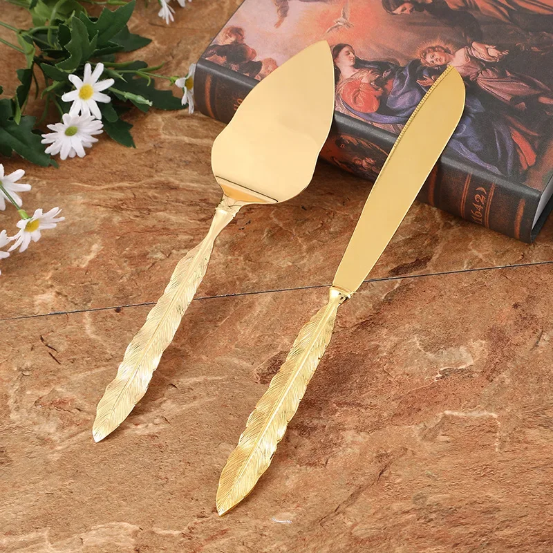 2pcs/set Golden Wedding Cake Knife Pizza Bread Pie Cutting Knife Baking Cake Divider For Baby Shower Birthday Party Baking Tools