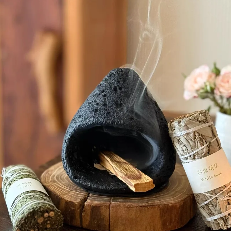 Handmade Mini Fireplace, Meditation Decor with Crystal Holder – Portable Ceramic Smudge Burner for Desktop Zen Atmosphere
