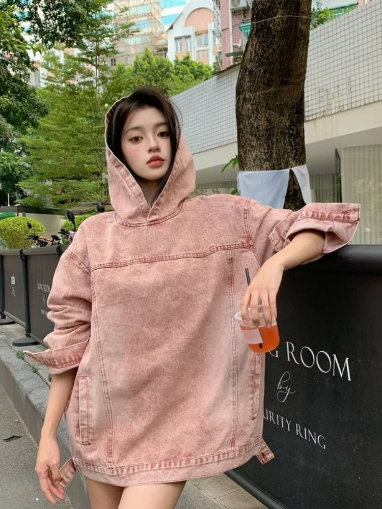 Women's Pink Denim Hoodie Coat Spring Fall Washed Distressed Drop Shoulder Oversized Loose Vintage Casual Chic Pullover Top