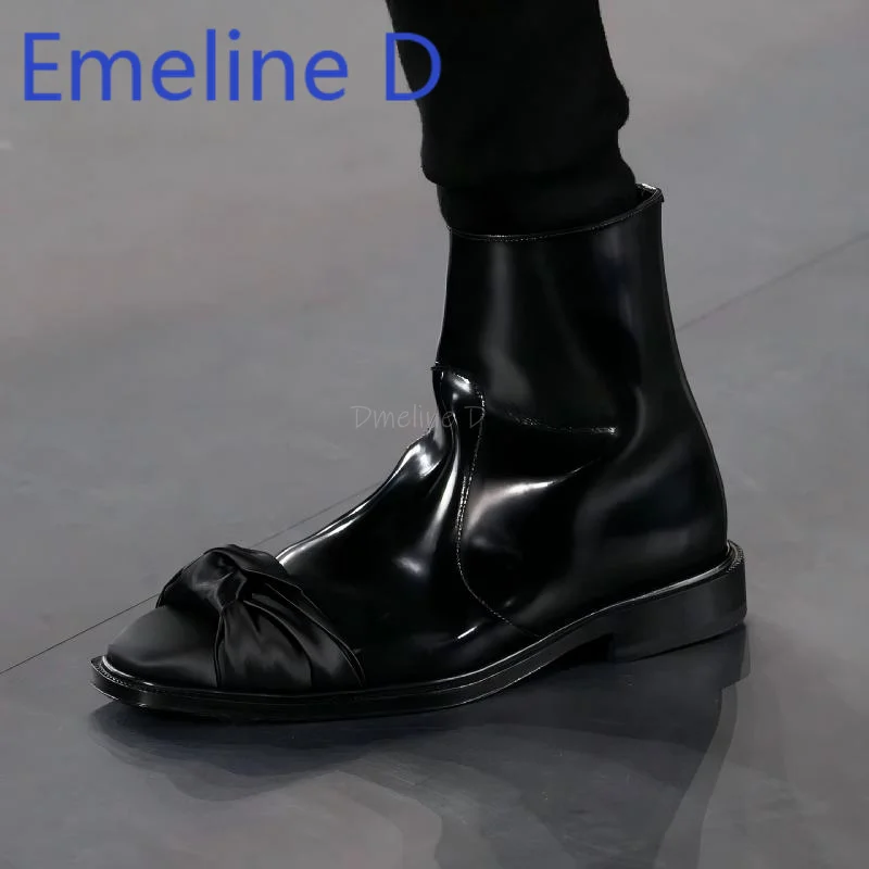 Bow Tie Tied Chelsea Boots Fashionable Retro Silk Shiny Leather Splicing Side Zipper Design Simple Style Mid Heel Short Boots