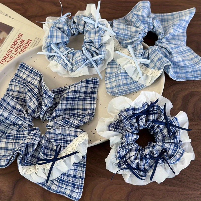 Blau kariertes Spitzen-Haargummi mit Schleife und Rüschen, elegantes Schulmädchen-Haarband im koreanischen Stil für Damen für Pferdeschwänze