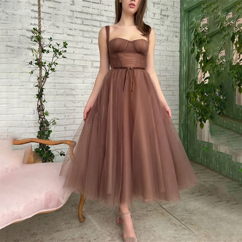 

Lily Ankle Length Long Party Dress Pleat Spaghetti Strap Vintage Night Dresses Zipper Back Celebrity Dresses vestidos de fiesta