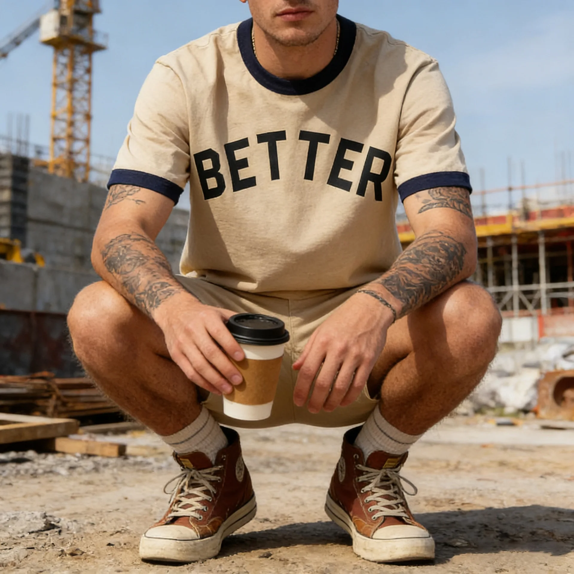 OKONKWO_275g thickened American retro motorcycle letter round neck T-shirt color matching thread heavy TEE
